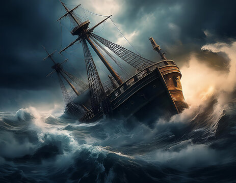 Old sailing ship is struggling to stay afloat as it's battered by huge waves on a stormy sea at sunset