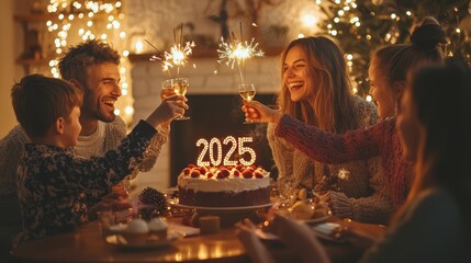 Family and friends gathered indoors celebrating New Year's Eve 2025 with cake, sparklers, and a cozy fireplace ambiance