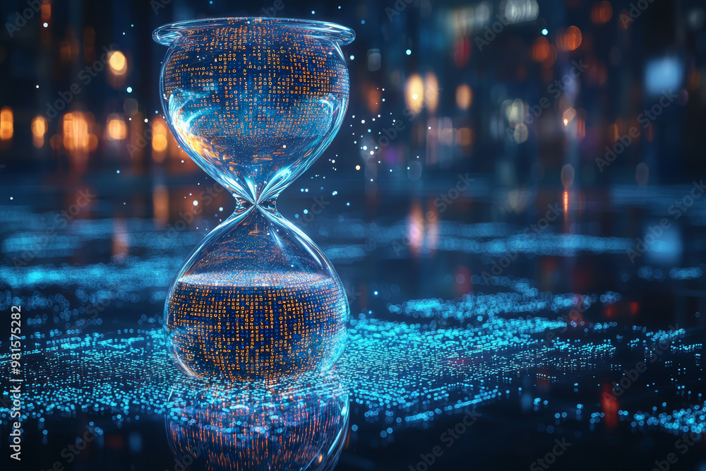 Poster a giant hourglass filled with digital code instead of sand, representing the importance of time mana