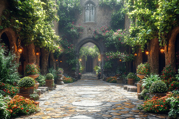 Fototapeta premium A garden arranged as a medieval courtyard, with topiary in the shape of mythical creatures and stone pathways, evoking a magical ambiance. Concept of enchantment.