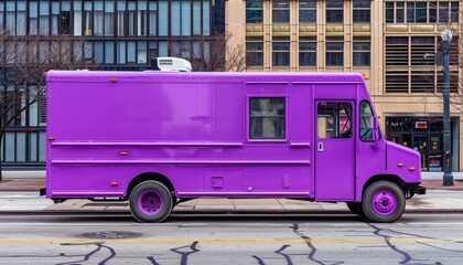 Obraz premium Colorful food truck in urban setting with ample space on left for text placement
