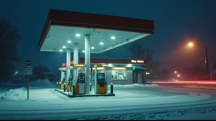 Gas Station at Night with Red Neon Lights