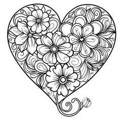 Coloring page, line art, use bold of lines, a heart with a few flowers
