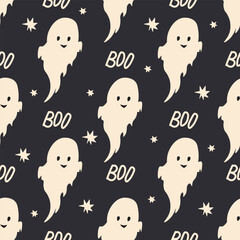 Seamless patterns with cute ghosts on black background. Simple spooky character. Festive background for Halloween. Boo