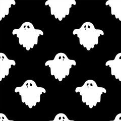 Seamless patterns with cute ghosts on black background. Simple spooky character. Festive background for Halloween