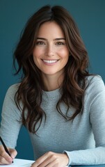 Obraz premium A smiling woman in her late thirties writing in a notebook, wearing a light gray sweater and sitting against a teal background, exuding warmth and positivity