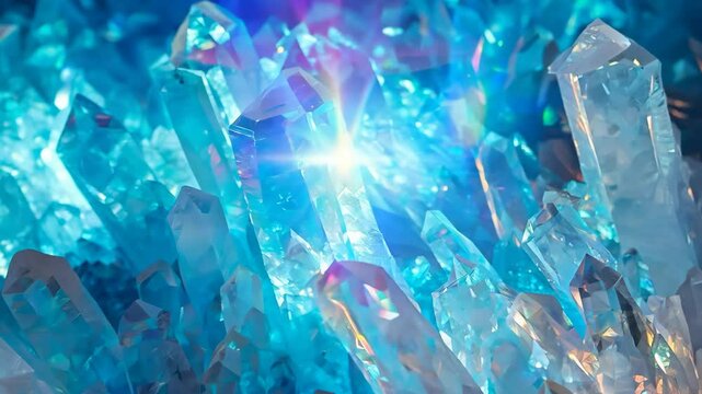 Mountain crystals stones of blue color. Abstract frozen crystal footage with camera moving. Design for wicca magic gem shop promo or advertising.