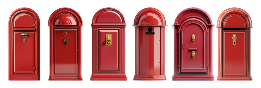 Six classic red mailboxes in varying styles isolated on transparent background - Powered by Adobe