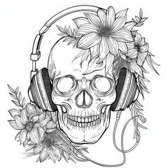 https: page, use bold of lines, the skull with headphones is coloring page, in the style of flower and nature motifs, elegant inking techniques