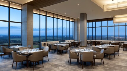 Fototapeta premium A stylish restaurant within a hotel features modern design elements, offering a serene dining experience with views of the cityscape and natural landscape at twilight