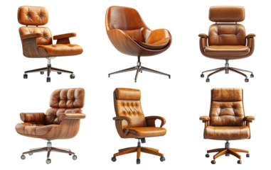 Collection of vintage leather office chairs isolated on transparent background