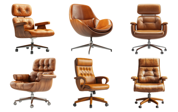 Collection of vintage leather office chairs isolated on transparent background