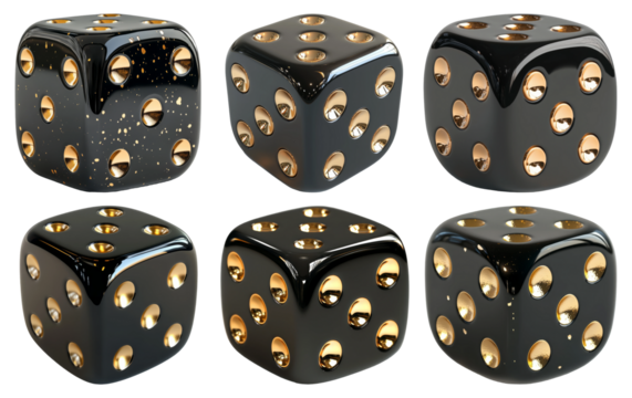 Set of black dice with golden dots isolated on transparent background