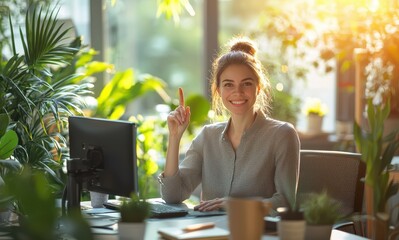 Smiling woman sitting at her desk in a bright office surrounded by plants, recording an online lesson and engaging viewers