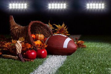 A cornucopia with a football on a grass field with stripe and dark background