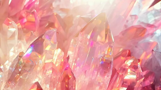 Pastel pink colored mountain quartz crystal in close-up rotation,  structure of individual crystal tips. Abstract crystal footage. Design for magic gem shop promo or advertising.