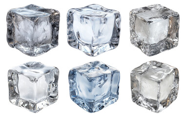 Collection of ice cubes with realistic reflections and transparency isolated on transparent background