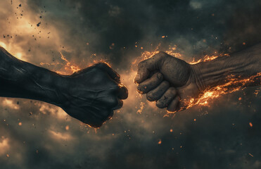 two fists fighting each other with flames