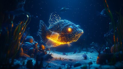 Naklejka premium A glowing, digital fish swims through an underwater coral reef.