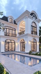 A stunning modern neoclassical villa features large windows, arched doors, and a pool surrounded by outdoor seating, set amidst lush greenery in Dubai's upscale area
