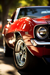 Stunning High Definition Image of a Glossy Red Vintage Muscle Car Bathed in Sunlight