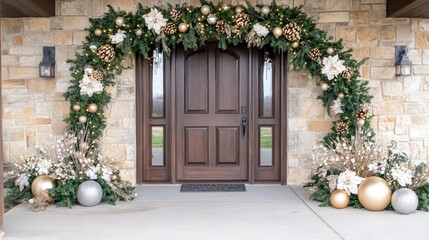 Fototapeta premium The front porch showcases stunning Christmas decor with a gold-toned wreath, garland, and ornaments, beautifully enhancing the home's entrance for the festive season.