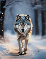 Obraz premium Frontal photo of wolf walking on snowy road