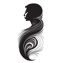 A sleek female hair vector design featuring smooth, flowing lines that capture the natural movement and texture of long, wavy hair. The design shows off volume with soft curves and delicate strands, m