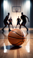 Naklejka premium A Basketball in the foreground of a basketball court with player figures in the background with a net, Vertical Portrait in 9:16 Ratio