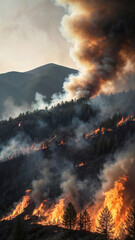Forest Fire or Wildfire from Above Tree Level with Smoke, Flame and Burnt Trees, Vertical 9:16 Ratio	