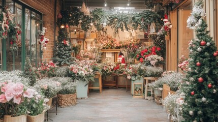 Charming female-owned florist shop beautifully decorated for Christmas with pastel colors and festive arrangements, creating a joyful atmosphere during the holiday season