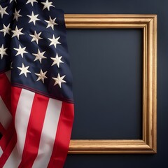 Navy Background With a Flat American Flag Frame. The Flag is Folded Neatly and Has a Few Stars Slightly Outside the Frame. Large Amount of Copy Space on the Right Side.