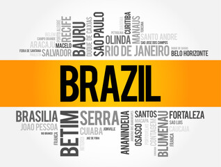 List of cities and towns in Brazil, word cloud collage, business and travel concept background