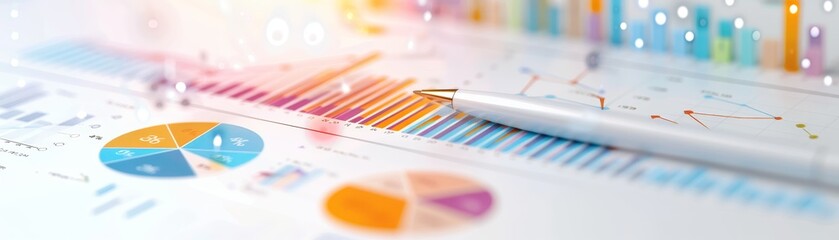 A close-up view of colorful business charts and graph data analysis displayed on a desk with a pen.
