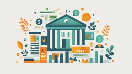Naklejka premium A colorful illustration of a bank, featuring financial elements like charts, money symbols, and documents, reflecting the theme of finance and banking.