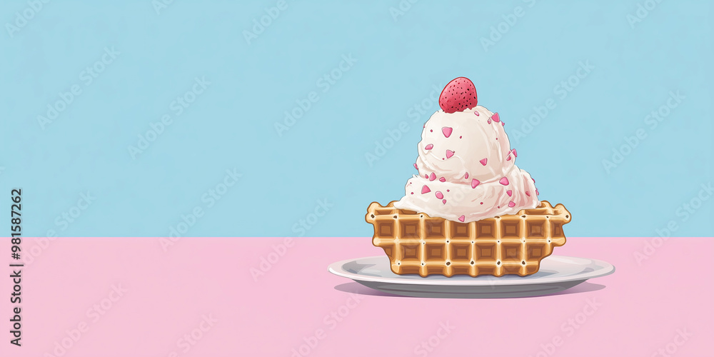 Poster Scoop of ice cream on top of a delicate waffle base, sweet illustration art