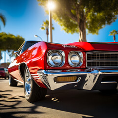 Stunning High Definition Image of a Glossy Red Vintage Muscle Car Bathed in Sunlight