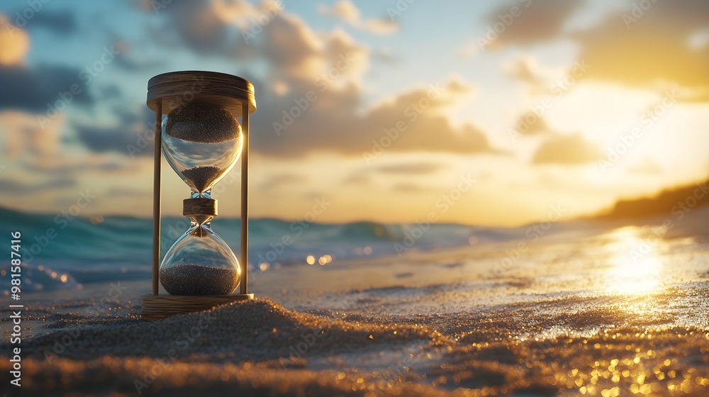 Wall mural Beach scene with hourglass representing time concept picture
