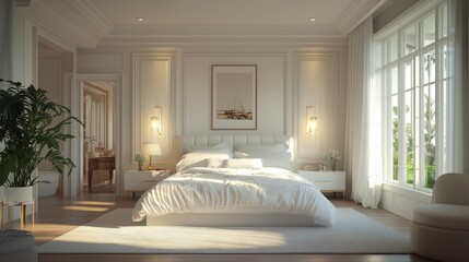 Fototapeta premium A serene, light-filled bedroom with a pristine white bed dressed in luxurious linens, surrounded by clean, modern furnishings, soft neutral tones, and gentle lighting for a peaceful and stylish
