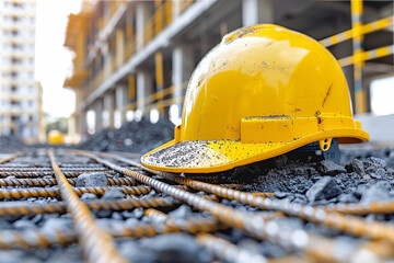 A bright yellow hard hat lies on a construction site, surrounded by gravel and rebar on the ground