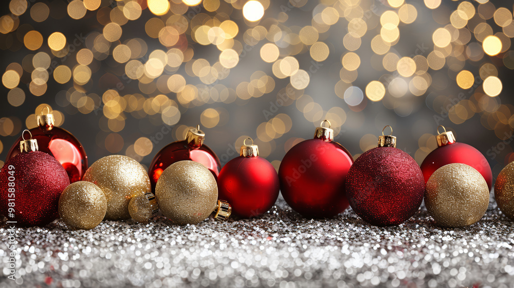 Poster a festive display features an array of red and gold christmas ornaments lined neatly on a sparkling 