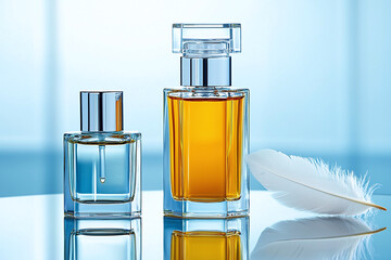 three different sized bottles of anointing oil arranged on a reflective surface, with a white dove feather in the foreground