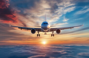 Obraz premium An airplane flying in the sky at sunset, a commercial air travel concept Generative AI