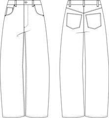 mid rise mid waist straight wide leg baggy balloon denim jean 5 pocket pant trouser template technical drawing flat sketch cad mockup fashion man design style model