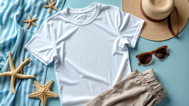 Beach-Themed White T-Shirt Mockup