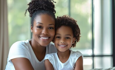 Joyful mother and daughter smiling together at home, capturing a happy family moment filled with love and warmth
