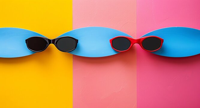 Two pairs of sunglasses in contrasting colors rest between playful blue shapes on bright yellow and pink backgrounds, creating a cheerful springtime aesthetic for fashion enthusiasts.