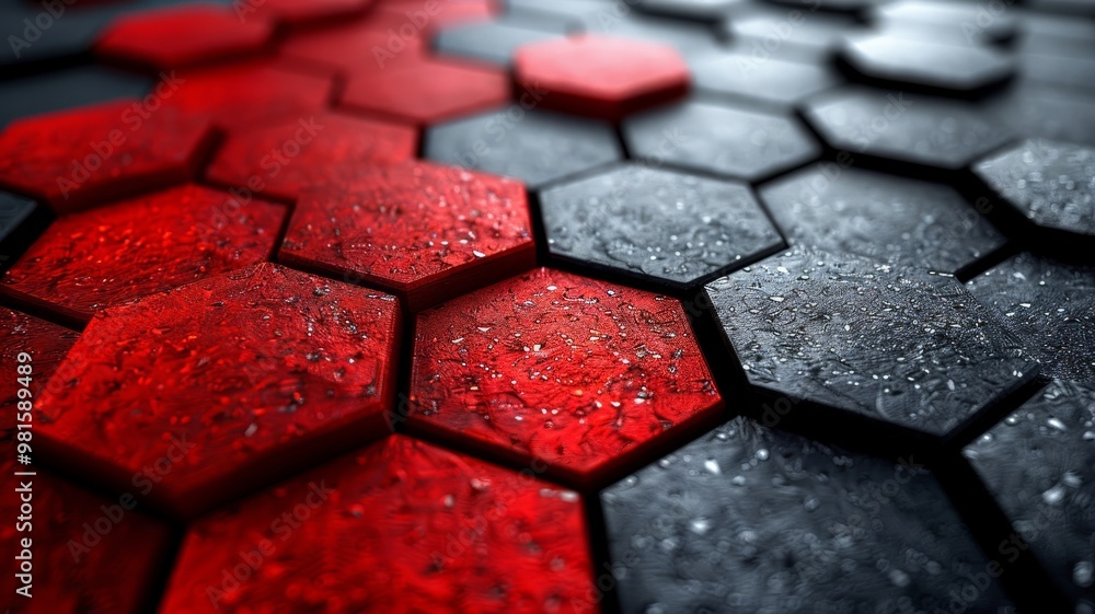 Poster a close-up view of hexagonal tiles arranged in an intricate pattern, showcasing vibrant red and dark