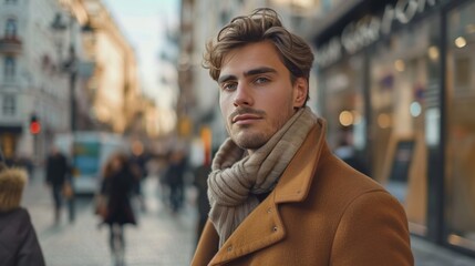 Naklejka premium Stylish man in urban setting, wearing sunglasses and winter clothing, exudes confidence and sophistication