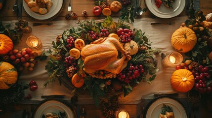 A delightful top-view of a Thanksgiving table, showcasing delicious food and festive fall decor. A perfect image for capturing the essence of Thanksgiving celebrations
